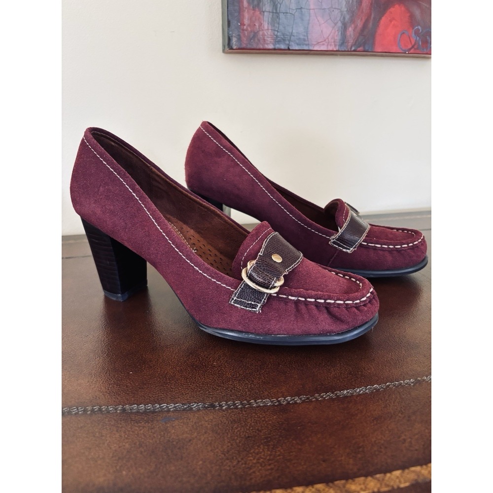 Naturalizer Women's Size 8.5 Maroon Leather Suede Chunky Heel Pumps Shoes Buckle